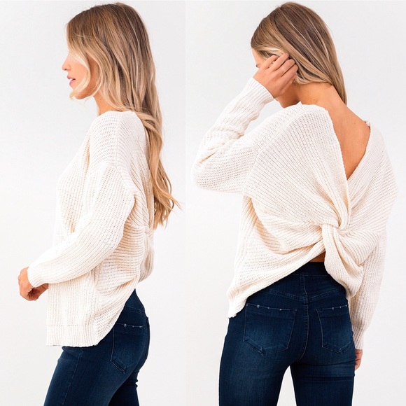 Ivory Knitted Knot Loose Backless Sweater - Picture 5 of 7